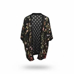 Mesh + Lace Black Floral Embroidered Pointelle Knit Kimono Cardigan Large S3281M